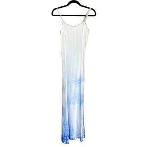 Antique Hand Dyed Blue Ombre Shibori Slip Dress Lace Trim Silk Rayon Nightgown